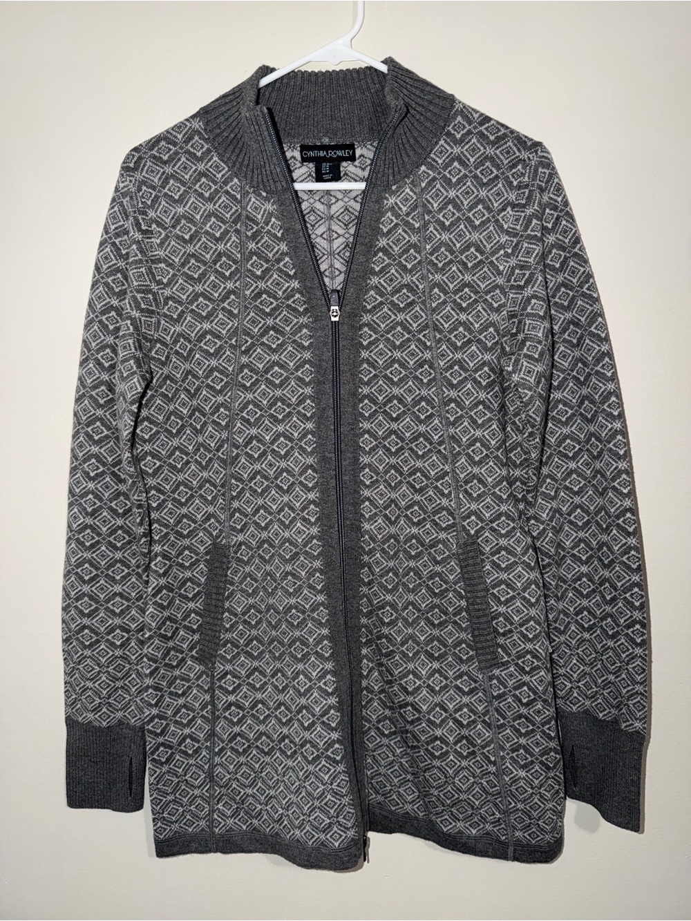 Cynthia Rowley Women’s Medium Gray Geometric Zip Front Knit Cardigan